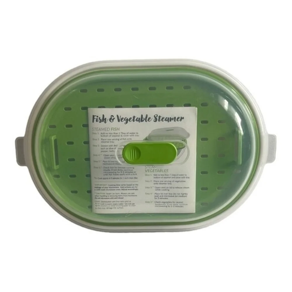 Microwave Fish Veggie Steamer Green White 12.5